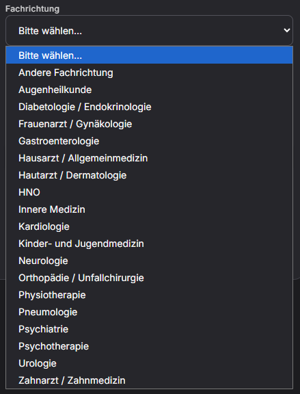 Originale Fachrichtungsauswahl in DeviNote