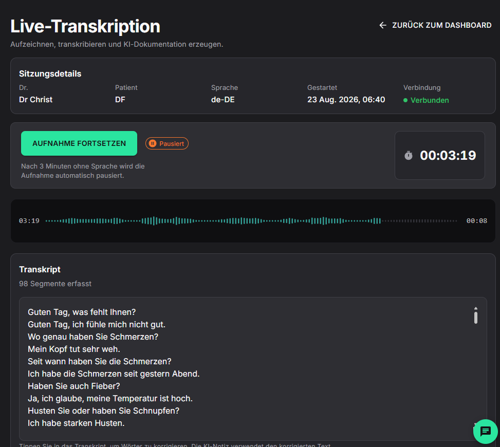 Originalansicht der DeviNote Live-Transkription