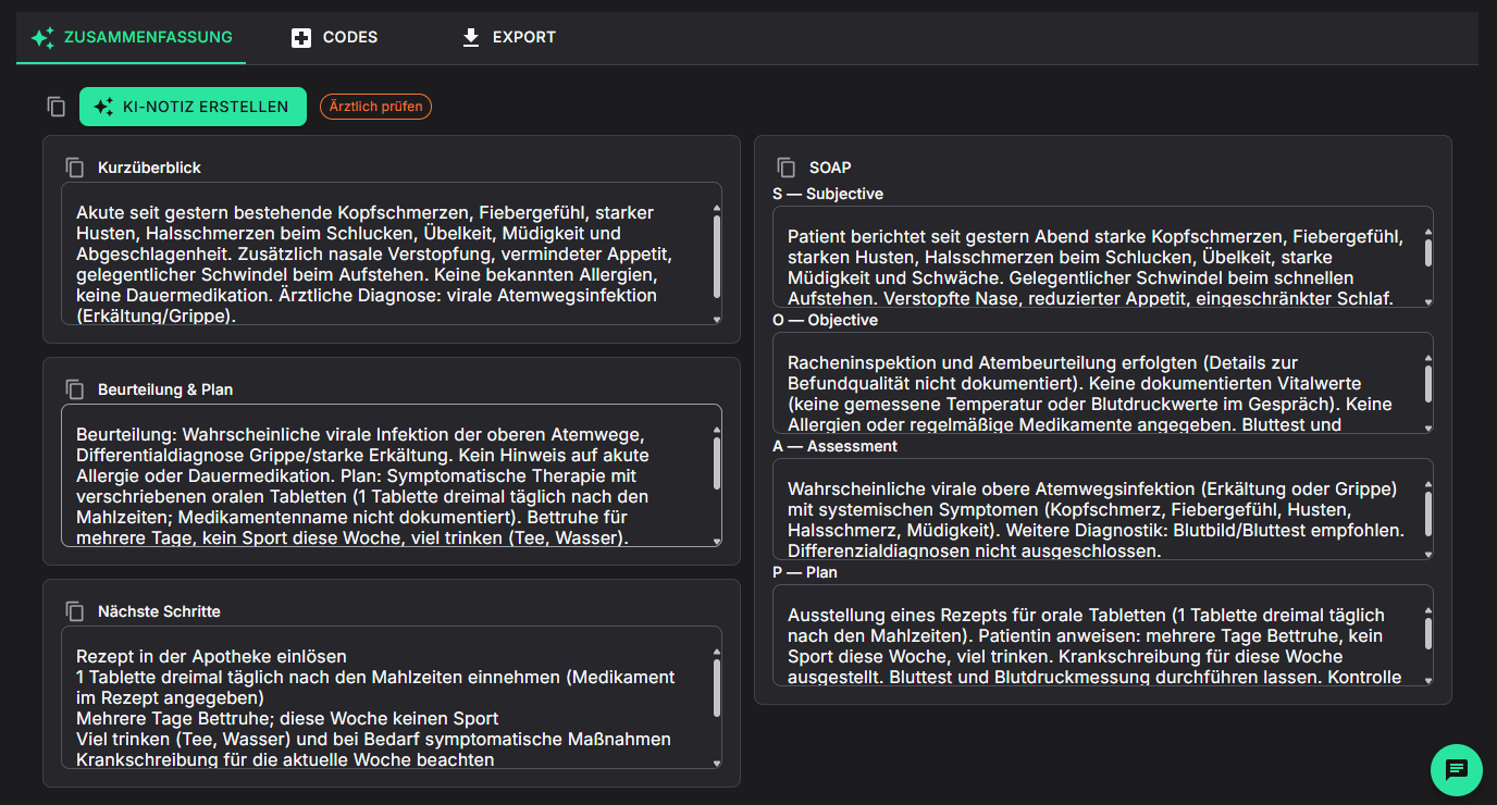Originalansicht der strukturierten DeviNote KI-Notiz mit Beurteilung, Plan und SOAP