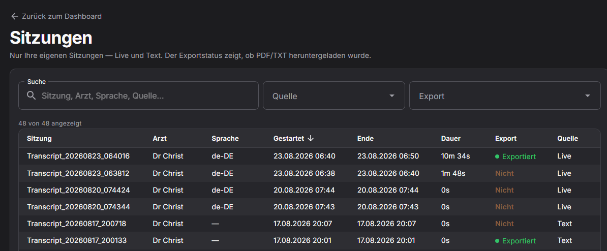 Originalansicht des persönlichen Sitzungsverlaufs mit Exportstatus