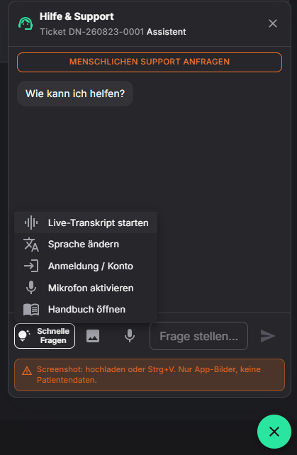 Originalansicht des DeviNote Hilfe- und Support-Chats