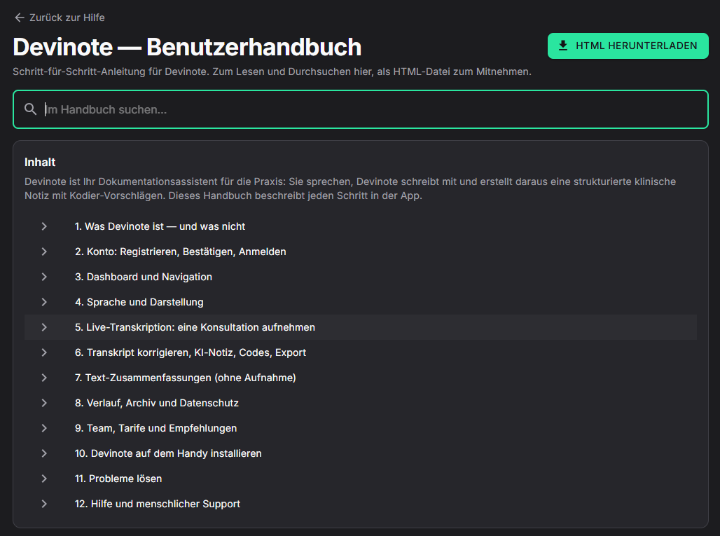 Originalansicht des durchsuchbaren DeviNote Benutzerhandbuchs