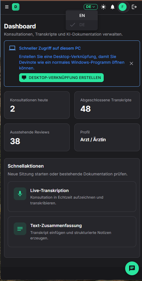 Originales DeviNote Dashboard mit Schnellaktionen